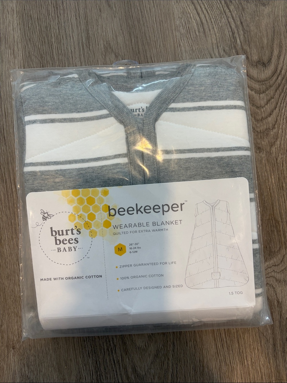 NIB! Burt's Bees Baby Gray and White Striped Wearable Blanket - Beekeeper